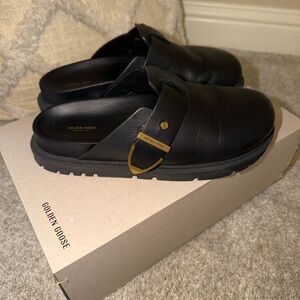 Golden Goose Black Leather Buckle Mules with Gold Accent